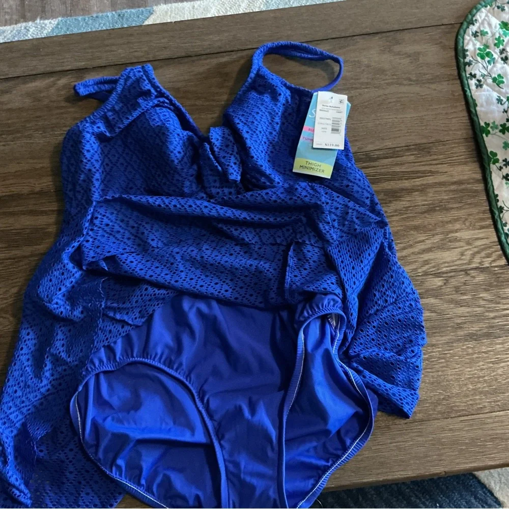 Swim Solutions Cobalt Blue Eyelet Swim Dress with Tummy Control - Picture 4 of 5